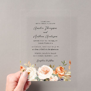 Invitations En Acrylique Mariage Floral Botanique Orange Brûlé Rustique
