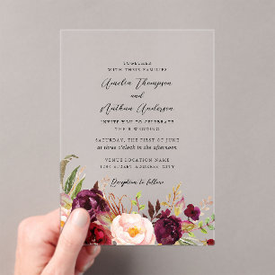 Invitations En Acrylique Mariage Floral Botanique Rustique Bourgogne Clair