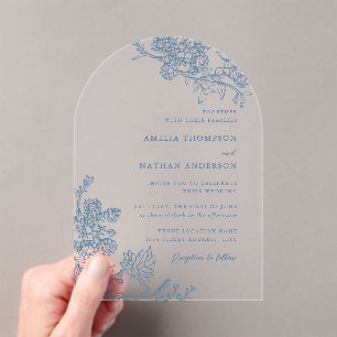 Invitations En Acrylique Mariage Floral Botanique Vintage Bleu Poussiéreux
