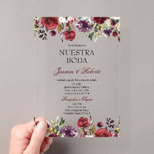 Invitations En Acrylique Mariage Floral Bourgogne Espagnol