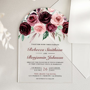 Invitations En Acrylique Mariage Floral Bourgogne Rose Poussiéreux