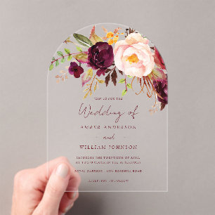 Invitations En Acrylique Mariage Floral Bourguignon Rouge Gêné