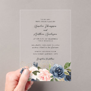 Invitations En Acrylique Mariage Floral Clair et Rose Navy