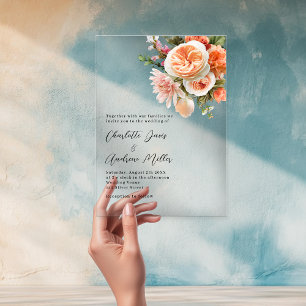 Invitations En Acrylique Mariage floral clair rose pêche orange