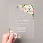 Invitations En Acrylique Mariage floral classique doré et rose<br><div class="desc">Ce design combine le thème floral rose-moisi de l'aquarelle avec le cadre doré formel et élégant.</div>