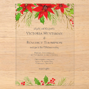 Invitations En Acrylique Mariage Floral Classique Rouge de Noël Poinsettia