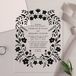 Invitations En Acrylique Mariage Floral d'Art Populaire Noir