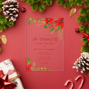 Invitations En Acrylique Mariage Floral de Noël Poinsettia Rouge Clair