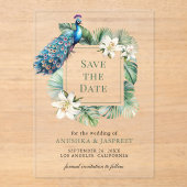 Invitations En Acrylique Mariage floral de paon indien Enregistrer la date (Recto)