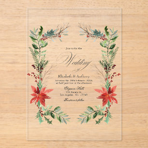 Invitations En Acrylique Mariage Floral d'Hiver Transparent de Noël