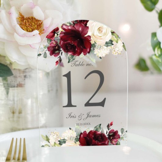 Invitations En Acrylique Mariage floral d'ivoire de Bourgogne rustique Numé