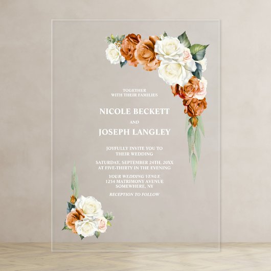Invitations En Acrylique Mariage floral d'orange brûlé et rose blanche