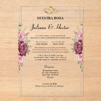 Invitations En Acrylique Mariage Floral Élégant Bordeaux et Or