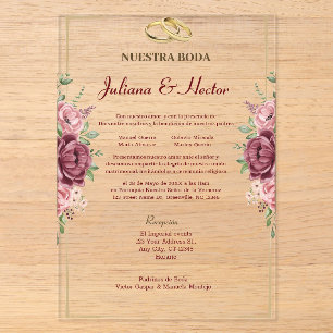 Invitations En Acrylique Mariage Floral Élégant Bordeaux et Or