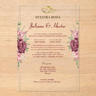 Invitations En Acrylique Mariage Floral Élégant Bordeaux et Or