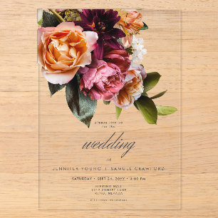 Invitations En Acrylique Mariage Floral Élégant Bourguignon et Rose