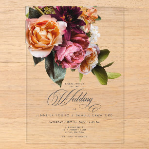 Invitations En Acrylique Mariage Floral Élégant Bourguignon et Rose