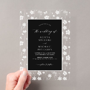 Invitations En Acrylique Mariage floral élégant noir et blanc