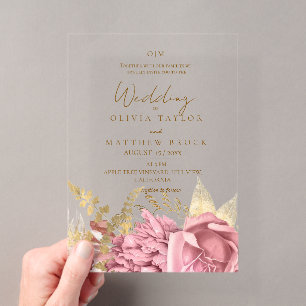 Invitations En Acrylique Mariage Floral Élégant Rose Poussiéreuse Rose Gold