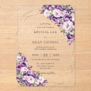 Invitations En Acrylique Mariage Floral Élégant Violet Foncé et Rose Blush