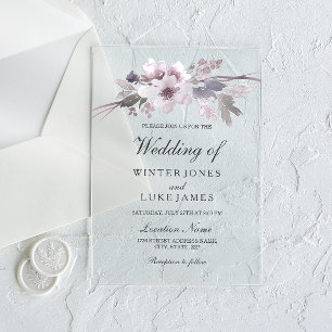 Invitations En Acrylique Mariage Floral Élégant Violet Gris Hiver