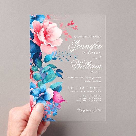Invitations En Acrylique Mariage floral Élégante Typographie Script bleu ro (In situ (ordinateur de poche))