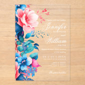 Invitations En Acrylique Mariage floral Élégante Typographie Script bleu ro (Recto)