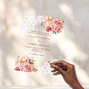 Invitations En Acrylique Mariage floral en dentelle rose pêche