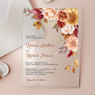 Invitations En Acrylique Mariage Floral en Terracotta Bourguignon Rustique