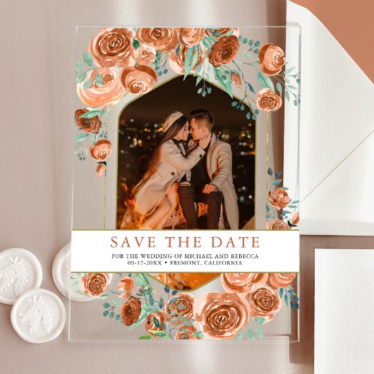 Invitations En Acrylique Mariage floral en terre cuite Enregistrer la date