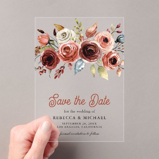 Invitations En Acrylique Mariage floral en terre cuite Enregistrer la date (In situ (ordinateur de poche))