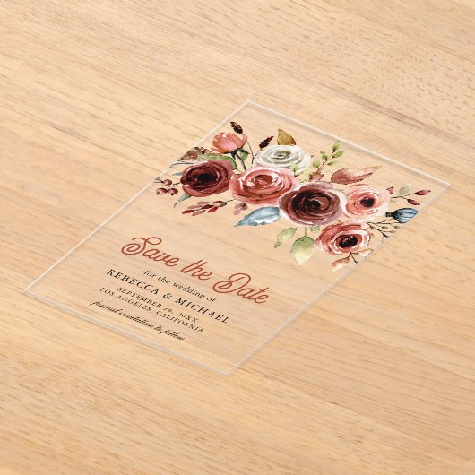 Invitations En Acrylique Mariage floral en terre cuite Enregistrer la date (Poser)