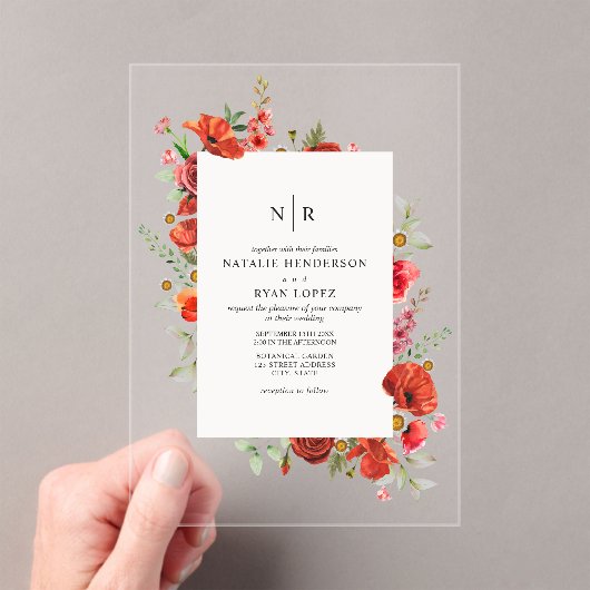 Invitations En Acrylique Mariage floral Fleur sauvage Monogram Poppy (In situ (ordinateur de poche))