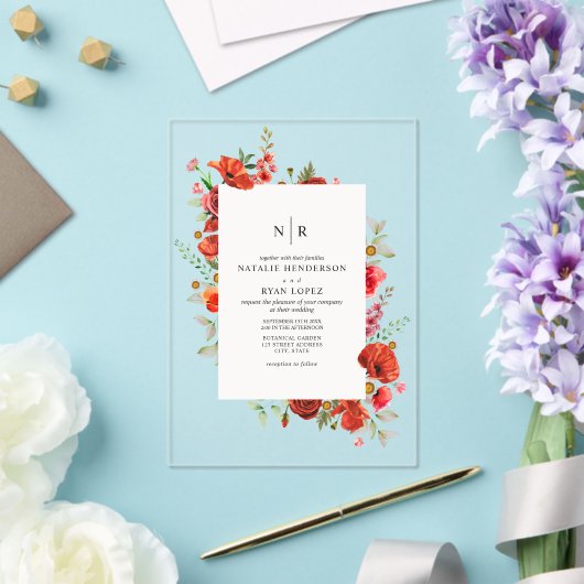 Invitations En Acrylique Mariage floral Fleur sauvage Monogram Poppy (Insitu (Mariage))