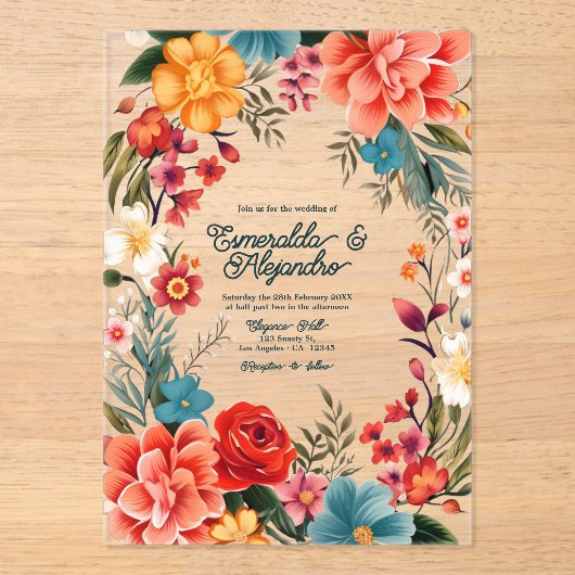 Invitations En Acrylique Mariage Floral mexicain transparent (Recto)
