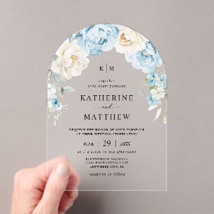 Invitations En Acrylique Mariage Floral Monogram Bleu Poussiéreux Champagne