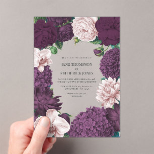 Invitations En Acrylique Mariage Floral Mûre, Prune Fumée et Frêne Lilas