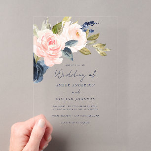 Invitations En Acrylique Mariage Floral Navy Blush
