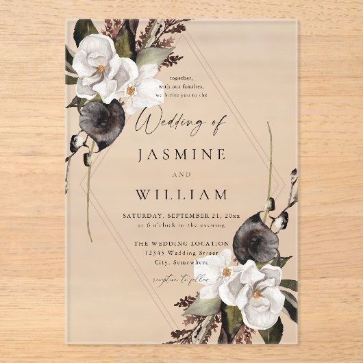 Invitations En Acrylique Mariage floral noir et blanc (Recto)