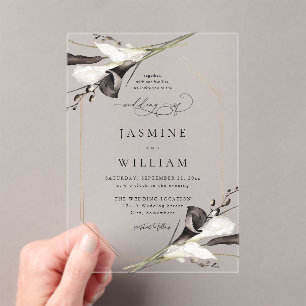Invitations En Acrylique Mariage floral noir et blanc 2
