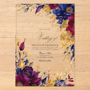 Invitations En Acrylique Mariage floral or, bleu marine et bordeaux