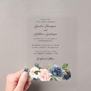 Invitations En Acrylique Mariage Floral Or Rose Navy Rose