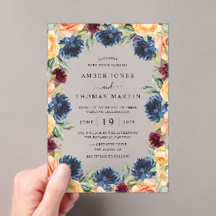Invitations En Acrylique Mariage Floral Orange Brûlé Bordeaux Navy