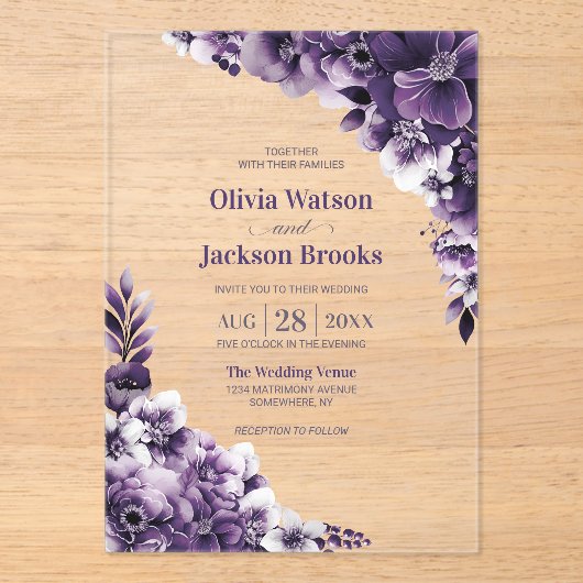 Invitations En Acrylique Mariage floral pourpre (Recto)