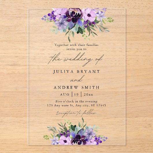 Invitations En Acrylique Mariage floral pourpre et vert (Recto)