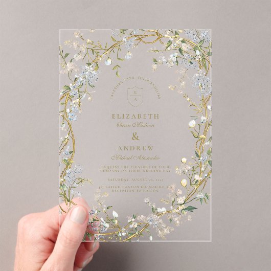 Invitations En Acrylique Mariage floral romantique avec Monogram Crest (In situ (ordinateur de poche))