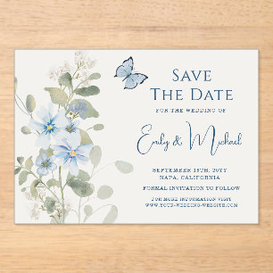 Invitations En Acrylique Mariage floral romantique bleu Dusty