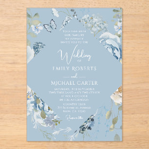 Invitations En Acrylique Mariage floral romantique bleu Dusty