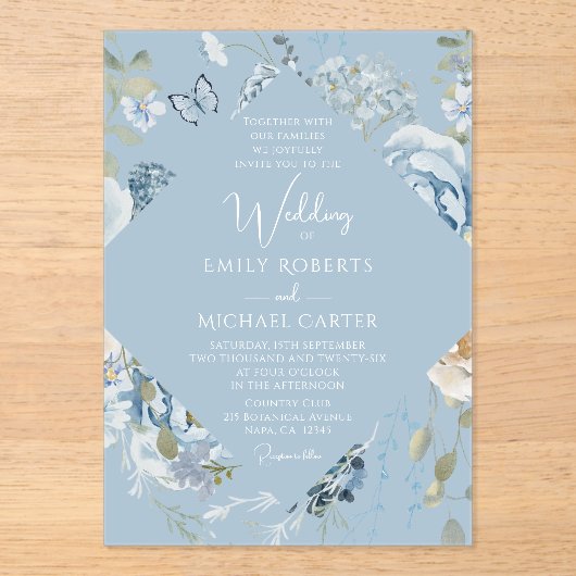 Invitations En Acrylique Mariage floral romantique bleu Dusty (Recto)