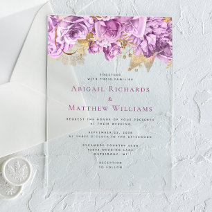 Invitations En Acrylique Mariage floral romantique Lilac Gold